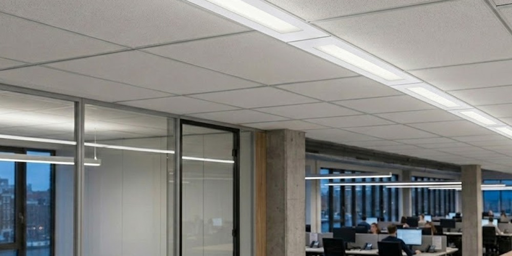Phoenix bandraster armatuur verwerkt in systeemplafond