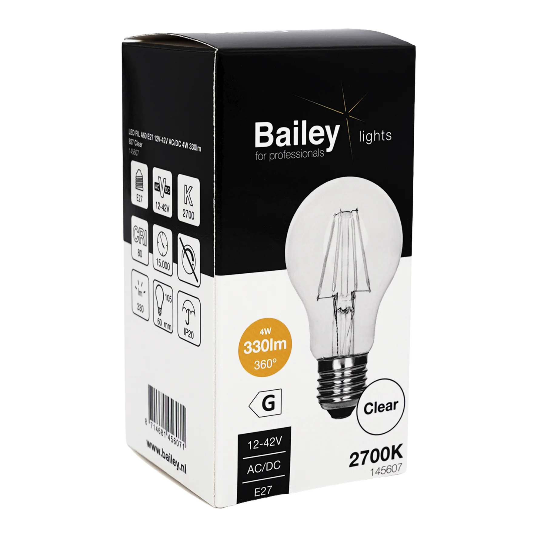 LED FIL A60 E27 12V-42V AC/DC 4W 330lm (30W) 827 Helder