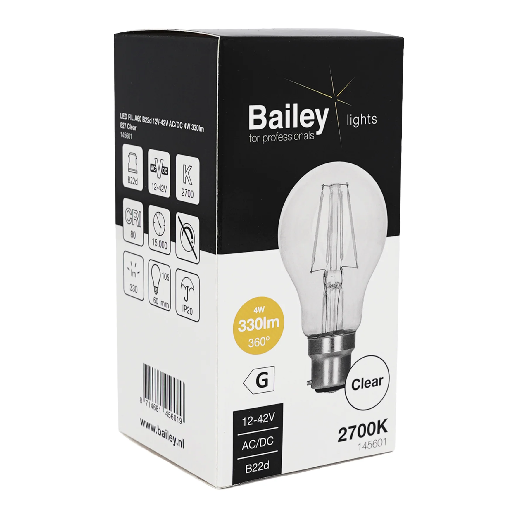 LED FIL A60 B22d 12V-42V AC/DC 4W 330lm (30W) 827 Helder