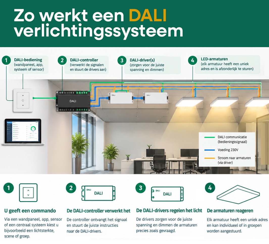 Schematische uitleg van een DALI verlichtingssysteem